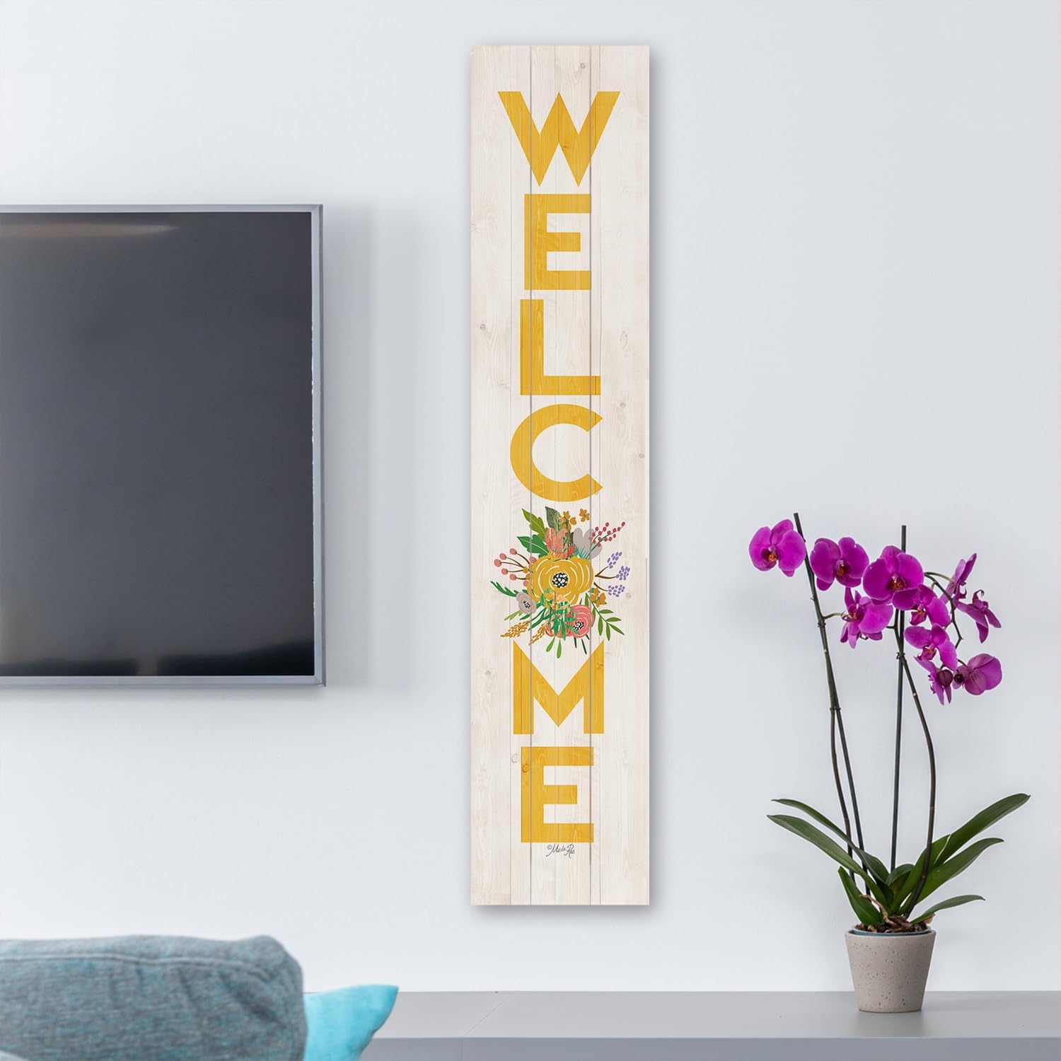 CounterArt Floral Welcome Decorative Vertical Porch or Entryway Sign 36" by 7.5" Made in the USA of Pallet Wood Stylish & Welcoming