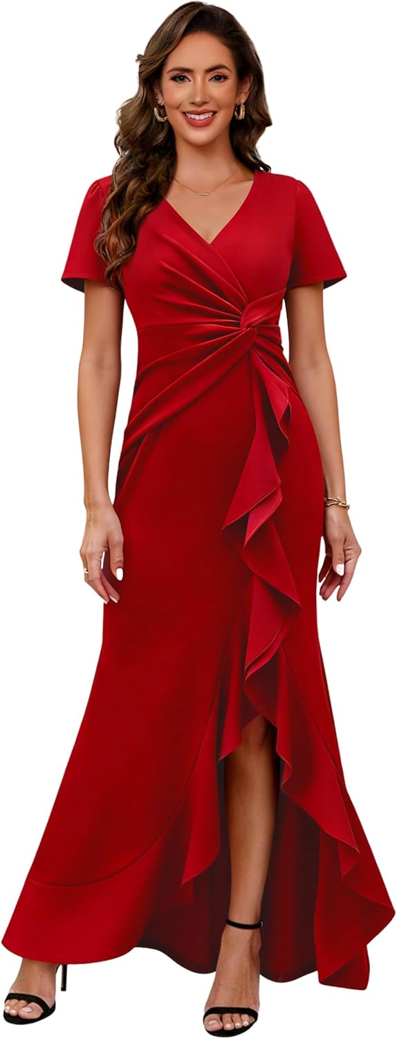 Women's Satin Mother of The Bride Dresses Short Sleeves Evening Cocktail Party Dress with Slit GO005