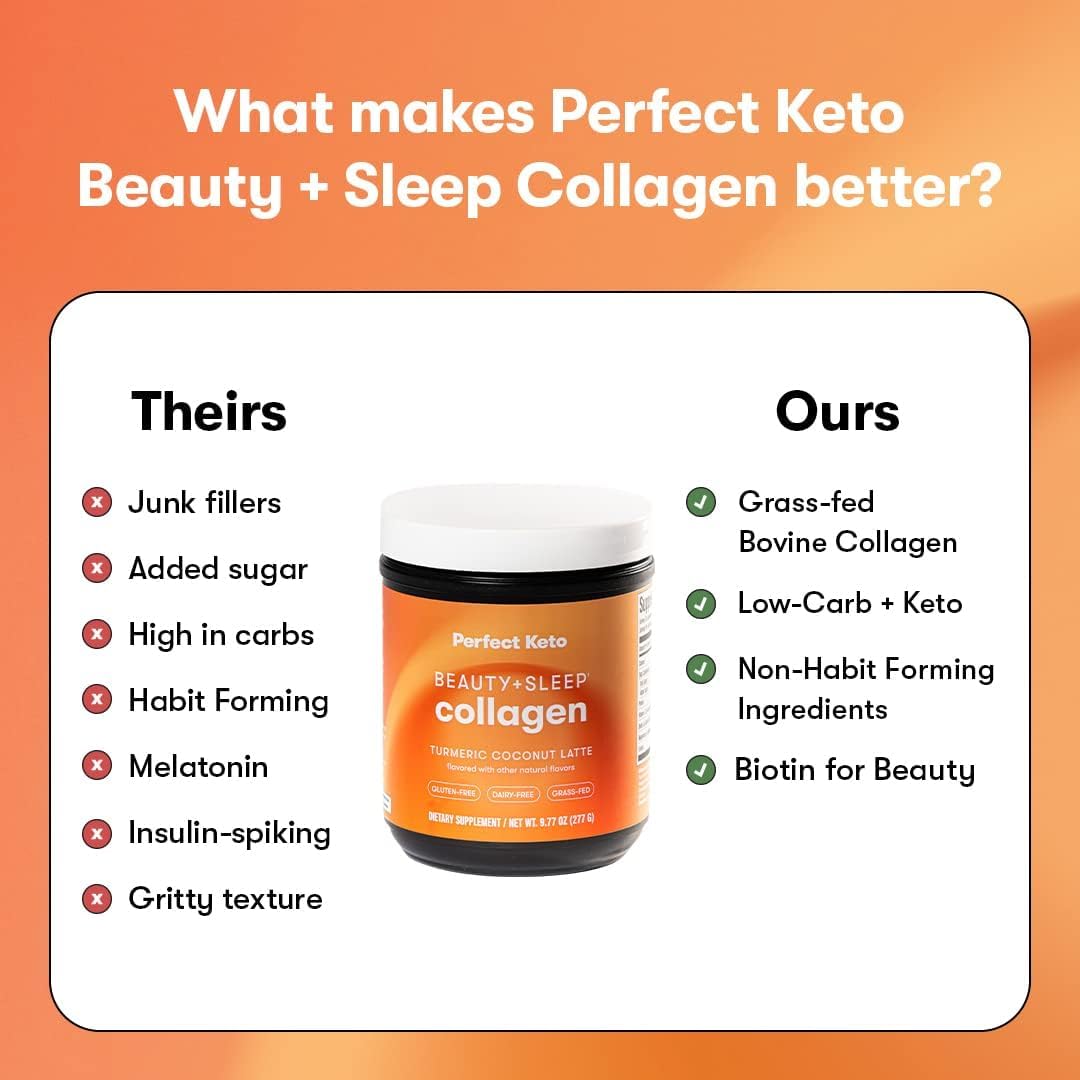 Perfect Keto Beauty + Sleep Grass Fed Collagen Peptides Protein Powder with Ashwagandha, Magnesium, Biotin, Hyaluronic Acid, L Theanine, Hair, Skin, Nails & Relaxation Support, Turmeric Coconut Latte