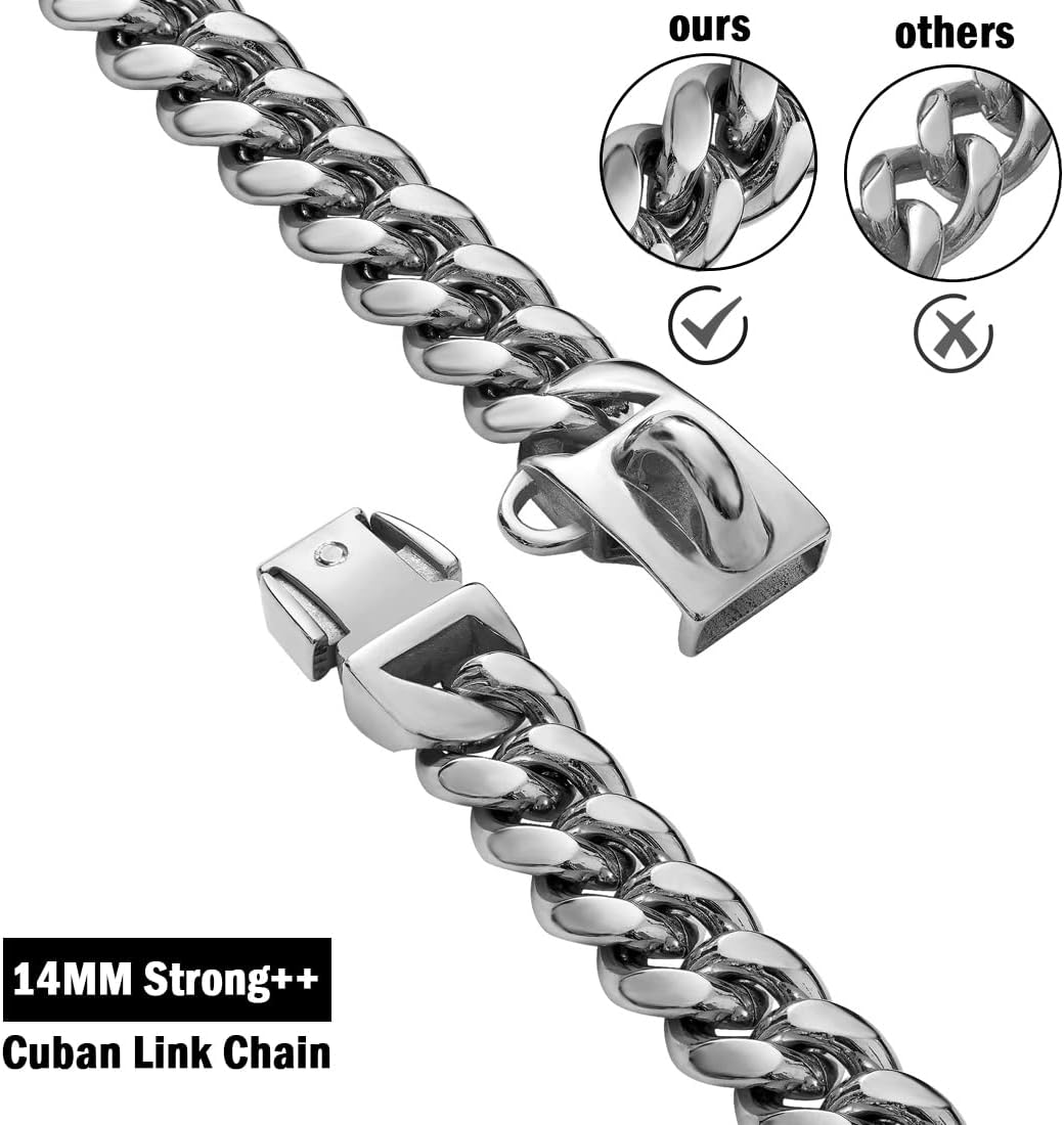 Strong Stainless Steel Silver Dog Collars with Safety Buckle Lock,Cuban Link Chain Training Walking Collar,Dog Necklace Chain for Small Medium Large Dogs