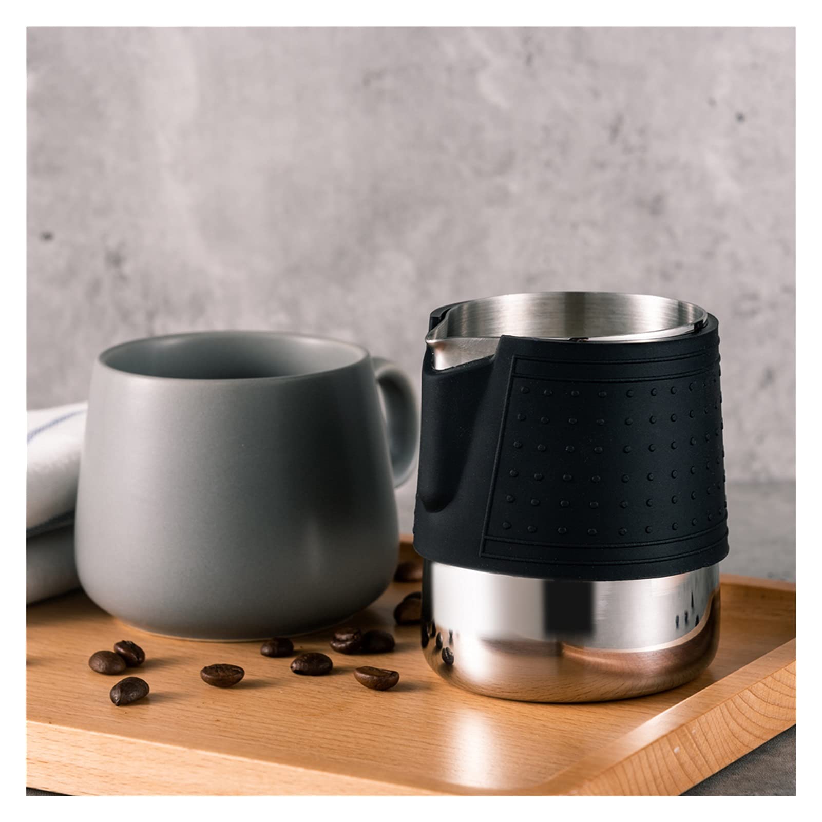 Becher, Edelstahl, Silikon, Milchaufschäumkrug, Kaffee-Kunst, Milchkännchen, Aufschäumer, Krug, Espresso-Kaffee, Latte-Krug, 350 ml, Soßen-Saucen-Tassen-Set