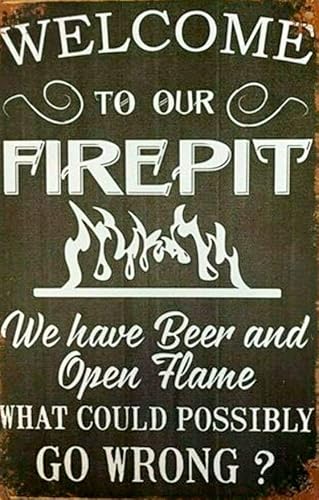 SMAZDFXX Funny Camper Welcome to Our Fire Pit Aluminum Tin Sign Metal Wall Art Decorations Iron Painting for Indoor Outdoor Home Decor Room Door Accessories Poster Housewarming 5.5"x8"