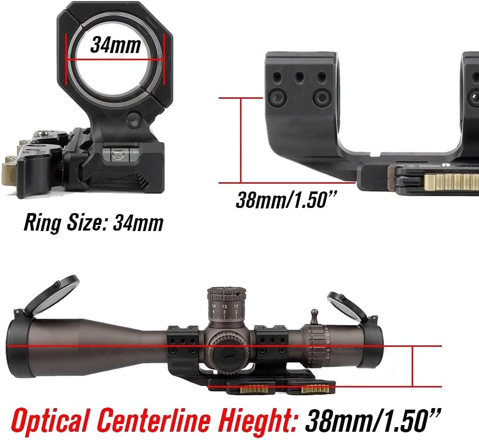 Cantilever 34mm Tube One-Piece Optic Scope Mount Base with Quick Detach Release Level，1.50" Center Height Dual Ring Riflescope Mount，Aerospace Precision，with Bubble Level，Fit 20mm Picatinny Rail，Black