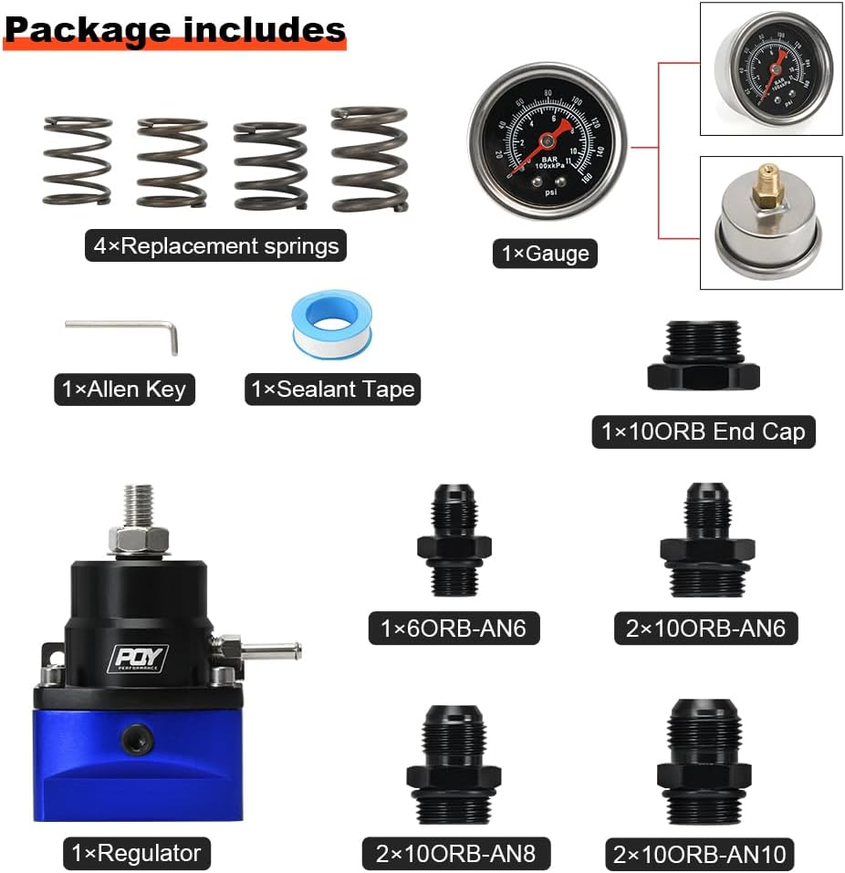Adjustable Fuel Pressure Regulator Kit 3-110PSI with AN10 Feed Port and AN6 Return Port with Replacement Spring (blue+black)