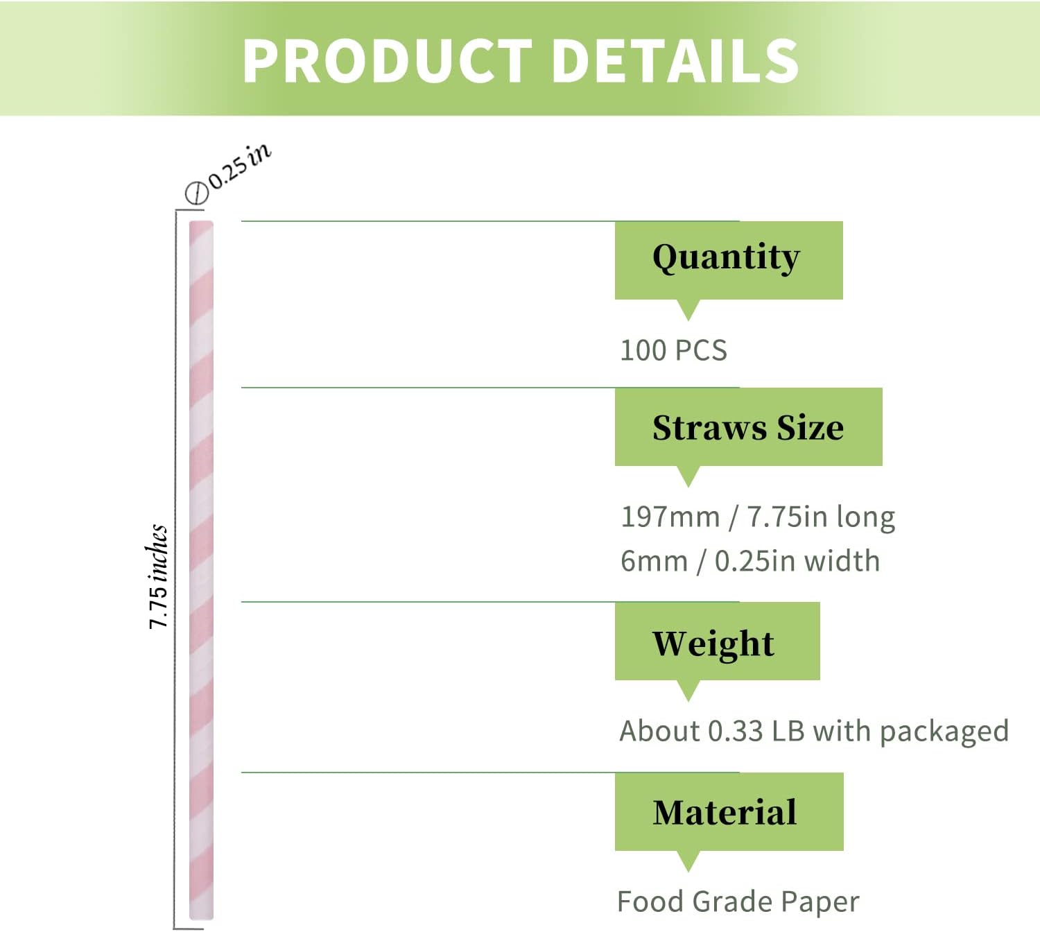 Hot Pink Striped Paper Straws - 7.75inch Disposable Pink and White Paper Straws Cake Pops Stick for Party Supplies, Birthday, Wedding, and Halloween (100 Pack)
