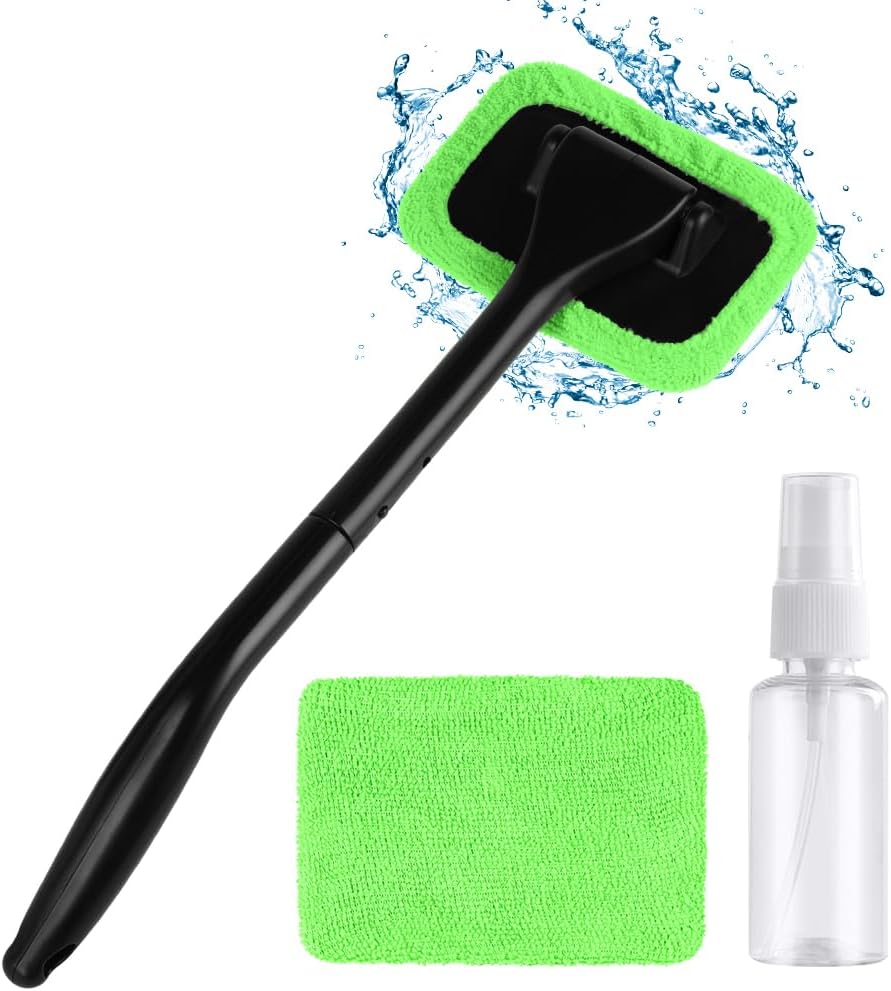 URAQT Car Windshield Brush, 1pcs Spray Bottle and 2 Washable Microfiber Pads, Windshield Cleaning Tool with Detachable Handle for Cleaning Remove Fog