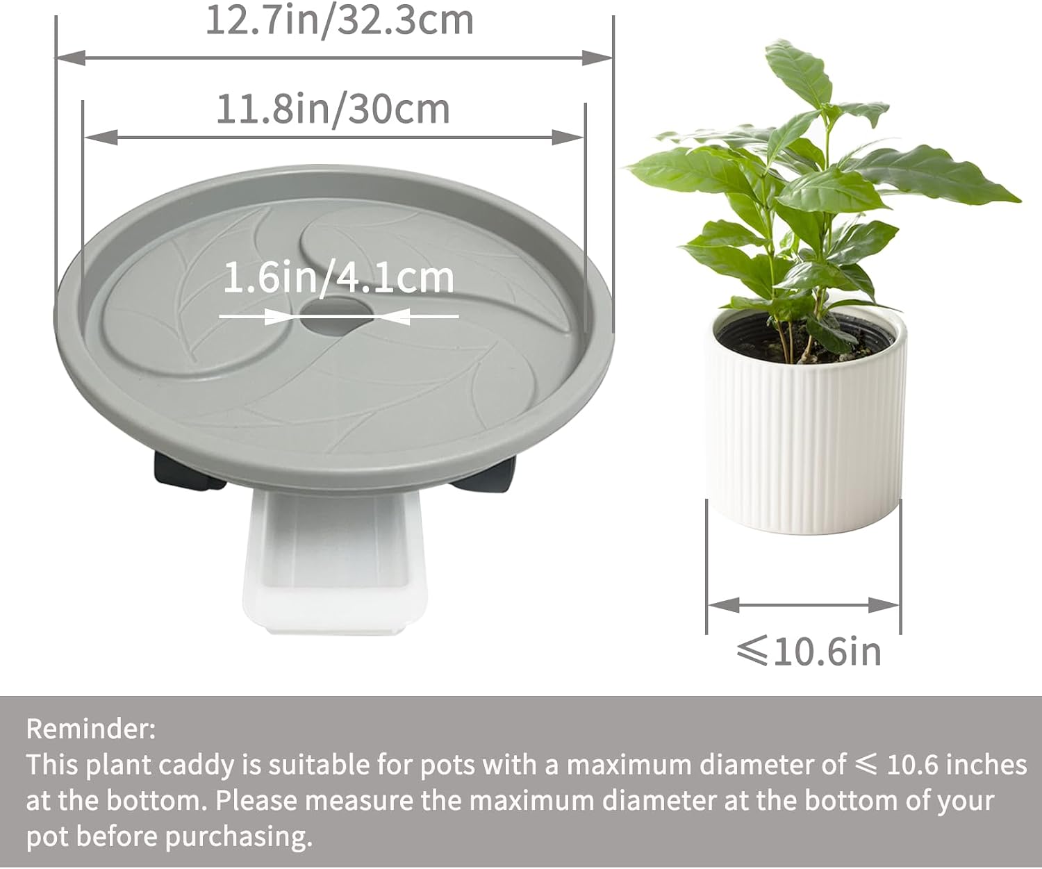 Plant Caddy with Wheels and Water Storage Box, Mobile Flowerpot Holder, Circular Plant Tray (11.8 inches, gray 4-piece set)