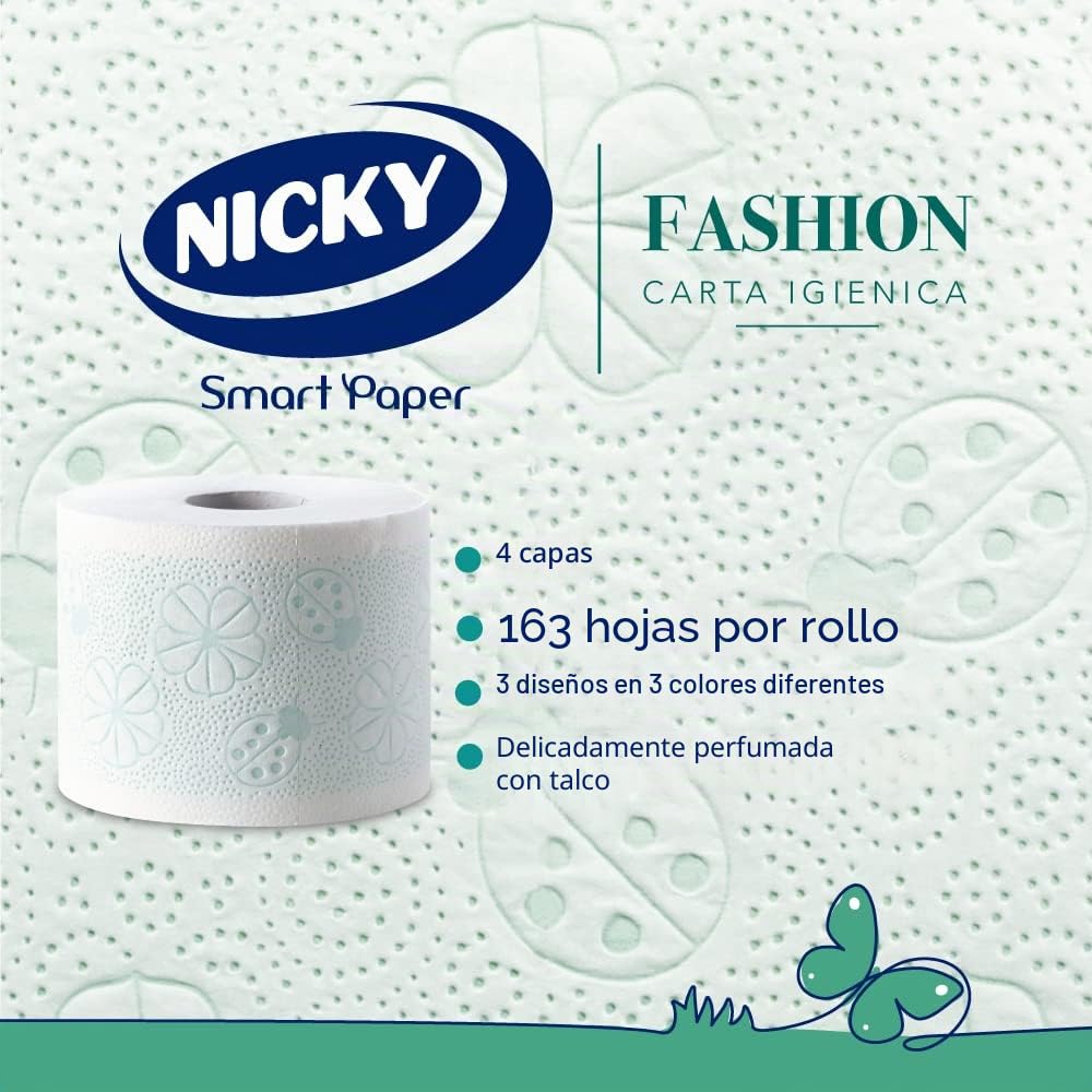 Nicky Fashion Papel higiénico de 4 capas, paquete de 36 rollos (3 x 12 rollos), 165 lágrimas por rollo, resistente decorada y suave en la piel, delicadamente perfumado con talco | 165 tiras por rollo, decoradas, resistentes y suaves sobre la piel, delicad