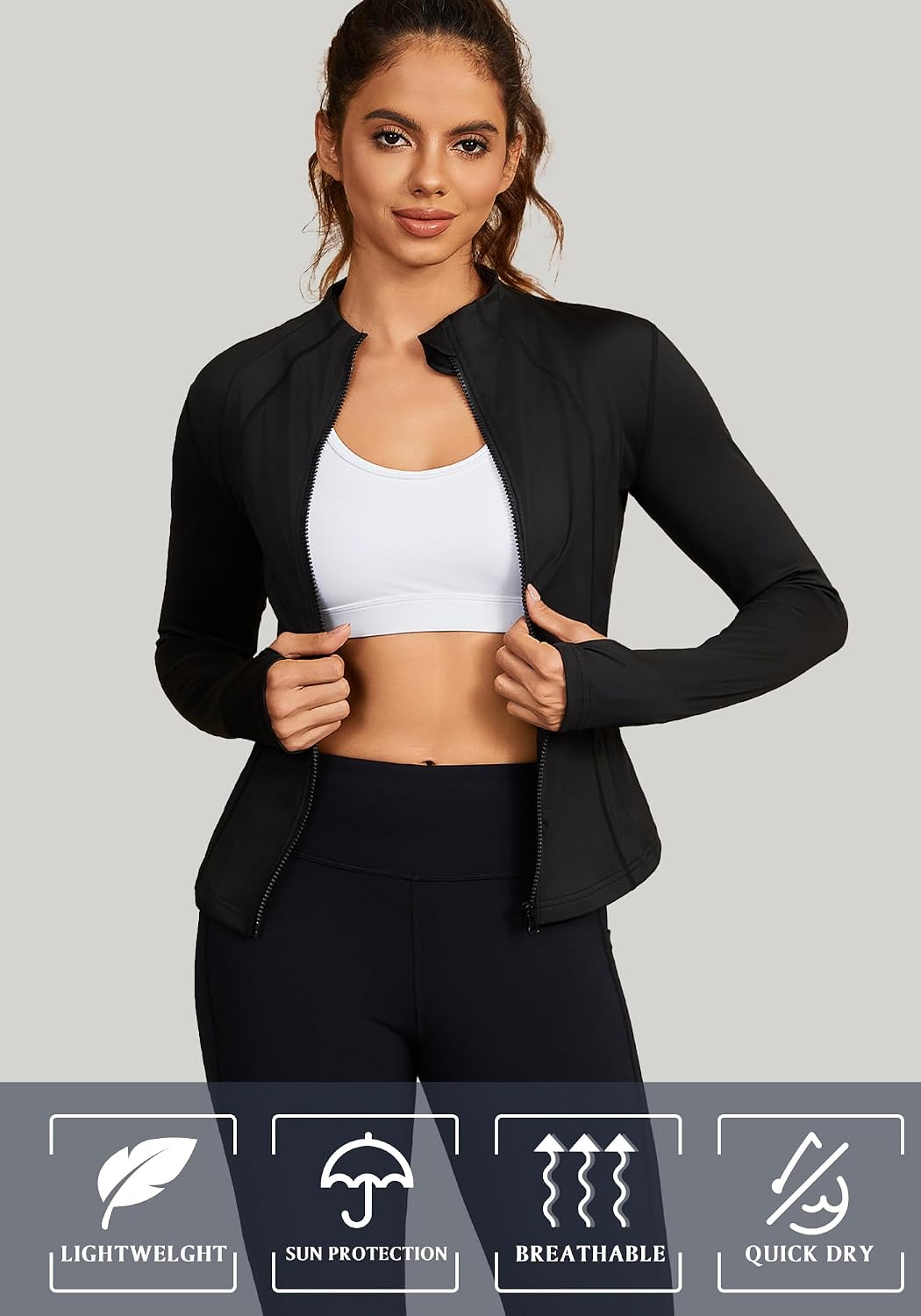 Bosmeer Women's Workout Jacket Zip Up Cropped Thumb Hole Running Jacket image 5