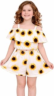 AKDYUG Kids Girls Sunflower Printed Rayon Round Neck Off Shoulder Casual Fancy Dress Crop Top Short Set (A_K_D_0206) Price In India