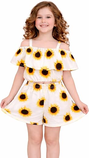 AKDYUG Kids Girls Sunflower Printed Rayon Round Neck Off Shoulder Casual Fancy Dress Crop Top Short Set (A_K_D_0206)