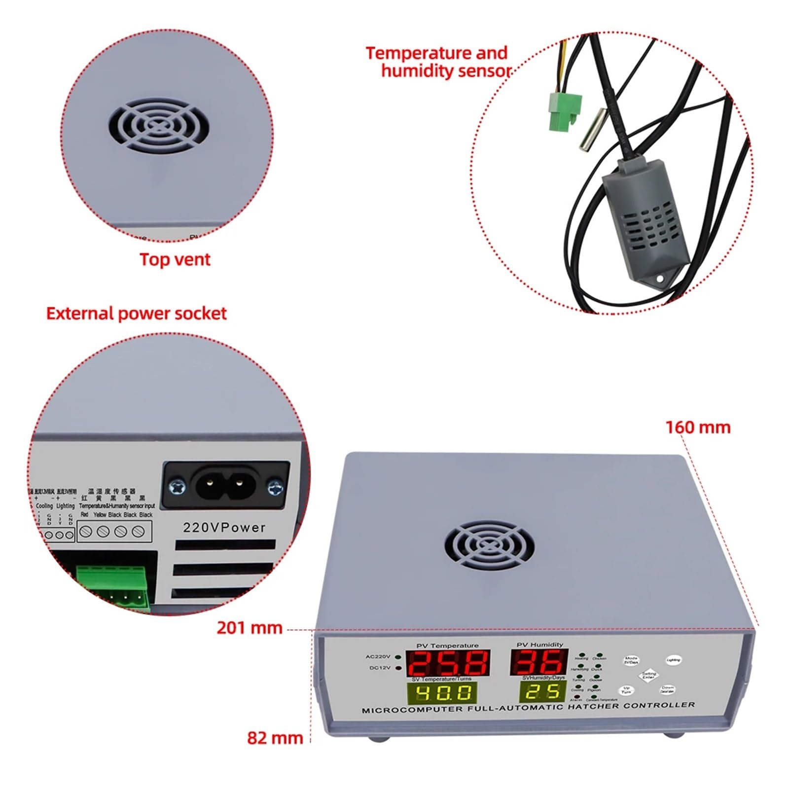 Controlador de Temperatura, Controlador de incubadora digital Xm-18k-2 Termostato totalmente automático y control huevos Sensor eclosión pollos