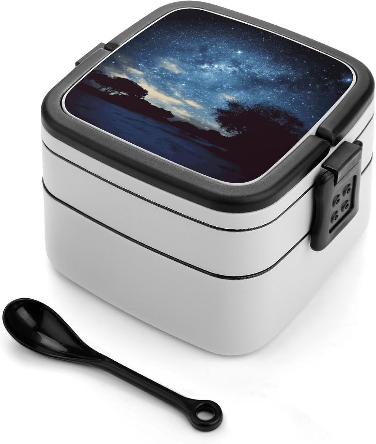 Bento Box with Spoon And Handle Night Sky with Trees Printed Stackable Bento Box Portable Bento Lunch Box Container for Work Camping And Travel
