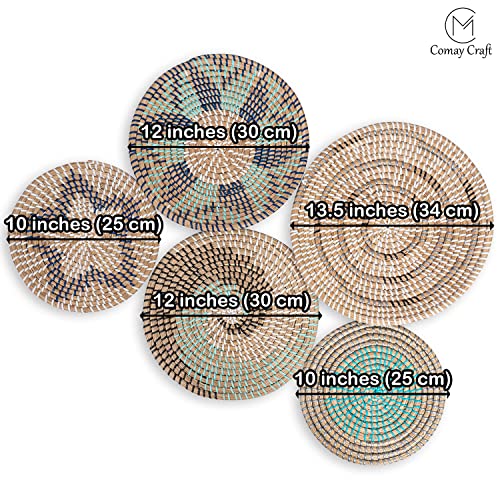 Comay Craft Rustic Wall Basket Decor, 5 Pcs Basket Wall Decor, Large Woven Basket Wall Art, Rattan Home Decor Baskets, Boho Baskets For Wall Decor, Seagrass Baskets, Modern Boho Wall Basket,Blue - Image 3