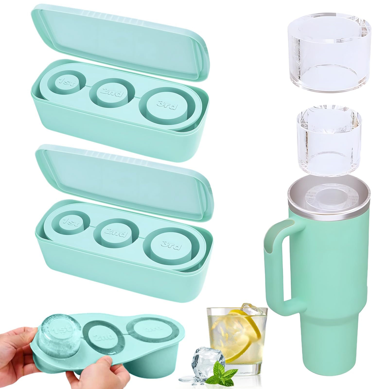 2 Stk. Eisformen kompatibel mit Stanley Cups 30/40 oz, Silikon-Eisform mit Hohlzylinder, mit Deckel und Behälter, wiederverwendbare Silikon-Eiswürfelform für Wasser, Säfte, Cocktails