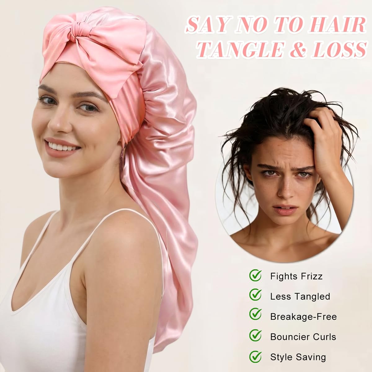 MAYCREATE® Satin Hair Cap for Sleeping Silk Bonnet Adjustable Long Hair Sleep Bonnet with Long Tie Ribbon, Sleep Cap for Curly Braids Extensions, Non Slip Night Bonnets (Pink) 3