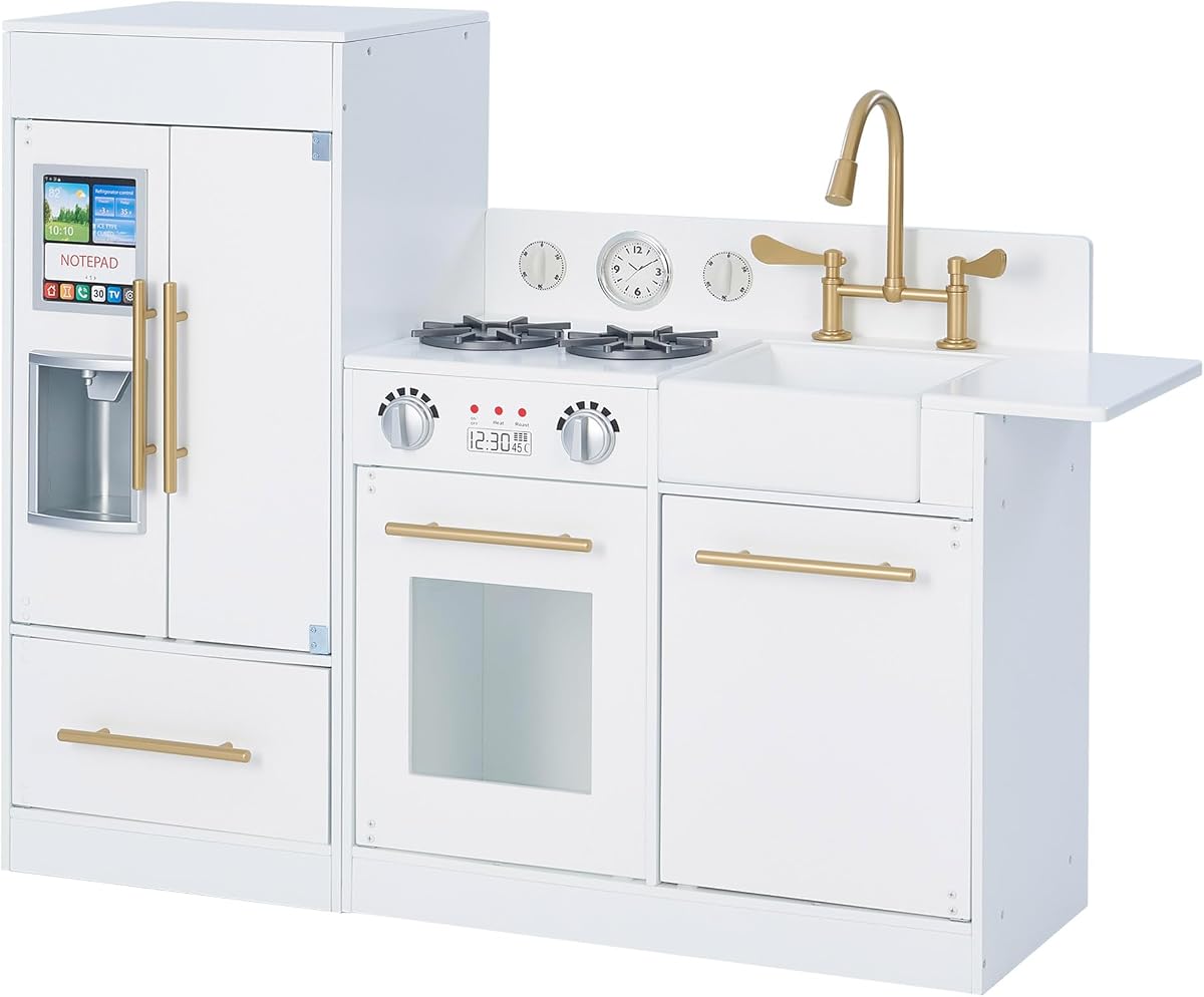Teamson Kids Little Chef Charlotte moderna cocina modular interactiva de madera con refrigerador, estufa y fregadero en blanco con acabados dorados