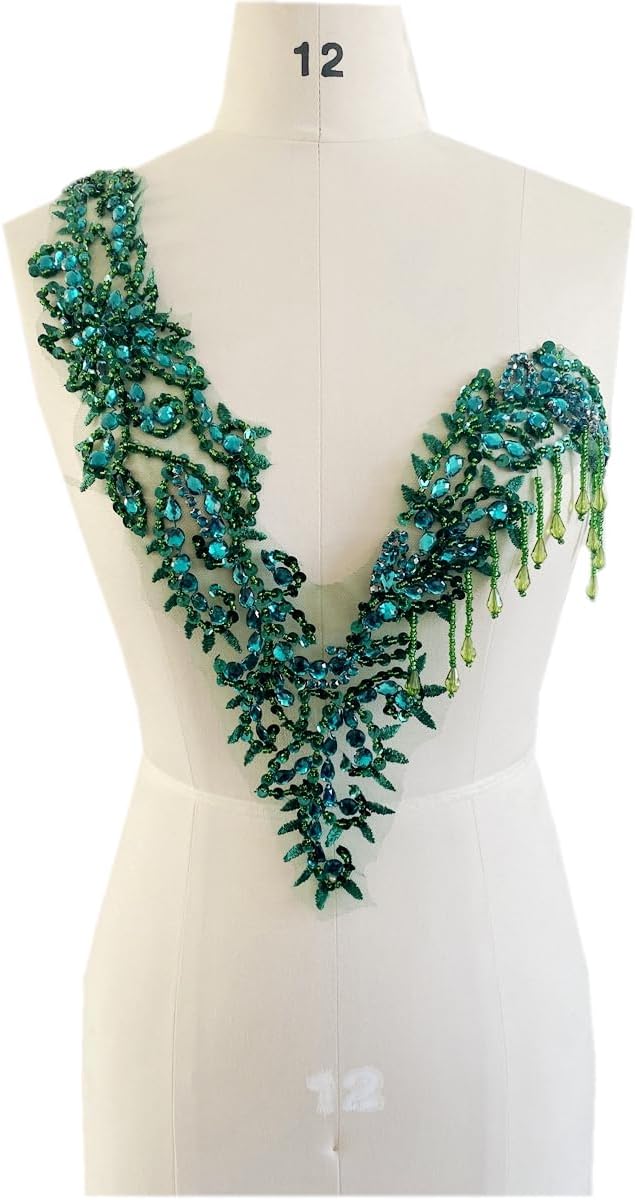 Unique Design handsewing Beads Applique sew on Rhinestones Crystal Sequins Tassel Patches Trimming for One-Shoulder Dress Shining Decoration Accessories 20X9.4 inches (Deepgreen)