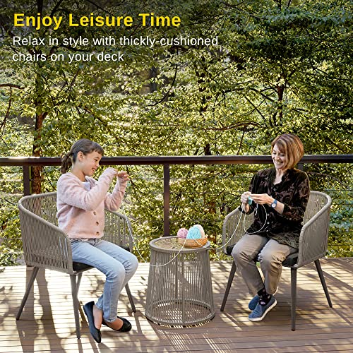 East Oak Breezeway Patio Furniture Set, 3-Piece Outside Bistro Set Handwoven Rattan Wicker Chairs With Waterproof Cushions, Tempered Glass Table, Outdoor Conversation Set, Light Grey & Dark Grey #TOP1