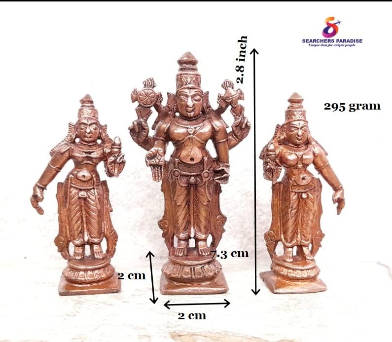 Image of Copper Idols of god Srinivasa Perumal with Sridevi and Bhudevi, 7.3 cm, 200 g, Patina Antique Finish, Pack of 1 Piece