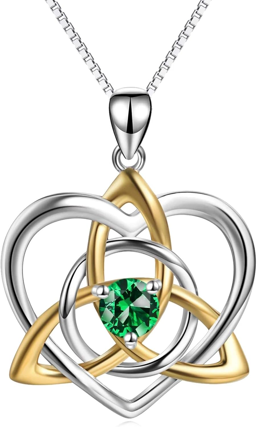 Celtic Jewelry Necklace Gifts Sterling Silver Good Luck Irish Vintage Triquetra Trinity Celtics Love Knot Pendant Necklace with May Birthstone Green Emerald Christmas Gifts for Women Mother (Celtic necklace-Golden)