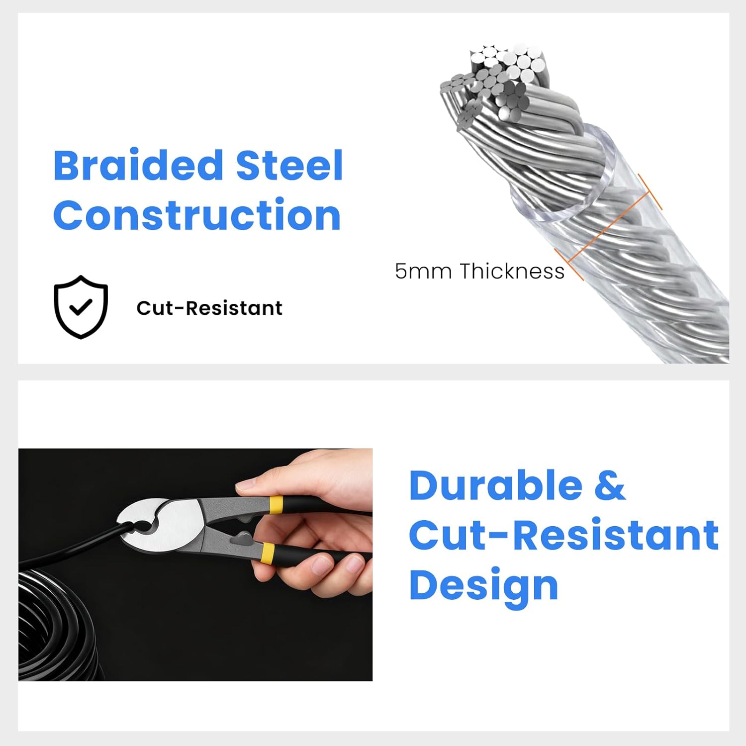 4FT 5mm Outdoor Travel Security Cable Lock, Braided Steel Vinyl Coated Safety Wire Rope Double Loop, Anti-Theft Steel Cable for Luggage, Gate, Fence, Bike & Outdoor Storage (Black + Clear)