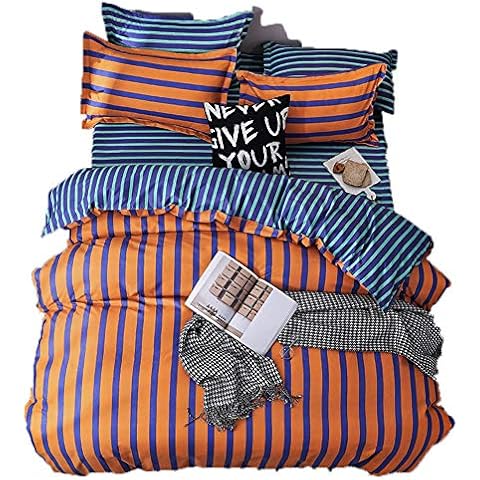 Luofanfei 2PC Striped Single Duvet Cover Set Geometric Bedding For Kids Children Reversible Blue and Orange Printed Design (XL,Single) Cover