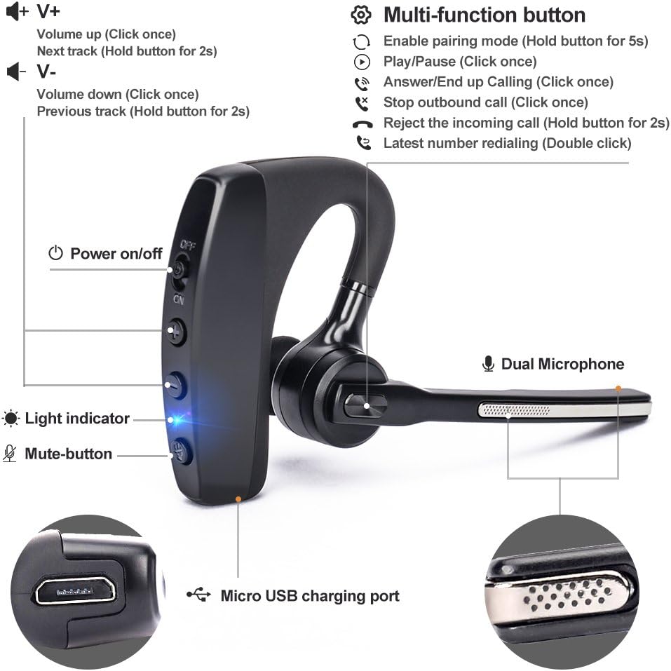Bluetooth Headset V4.2, SHINETAO Hands-Free Bluetooth Earpiece Cell Phones, 2 HD Microphones Wireless Earpieces Business/Driving/Office, Compatible with iPhone/Samsung/Android