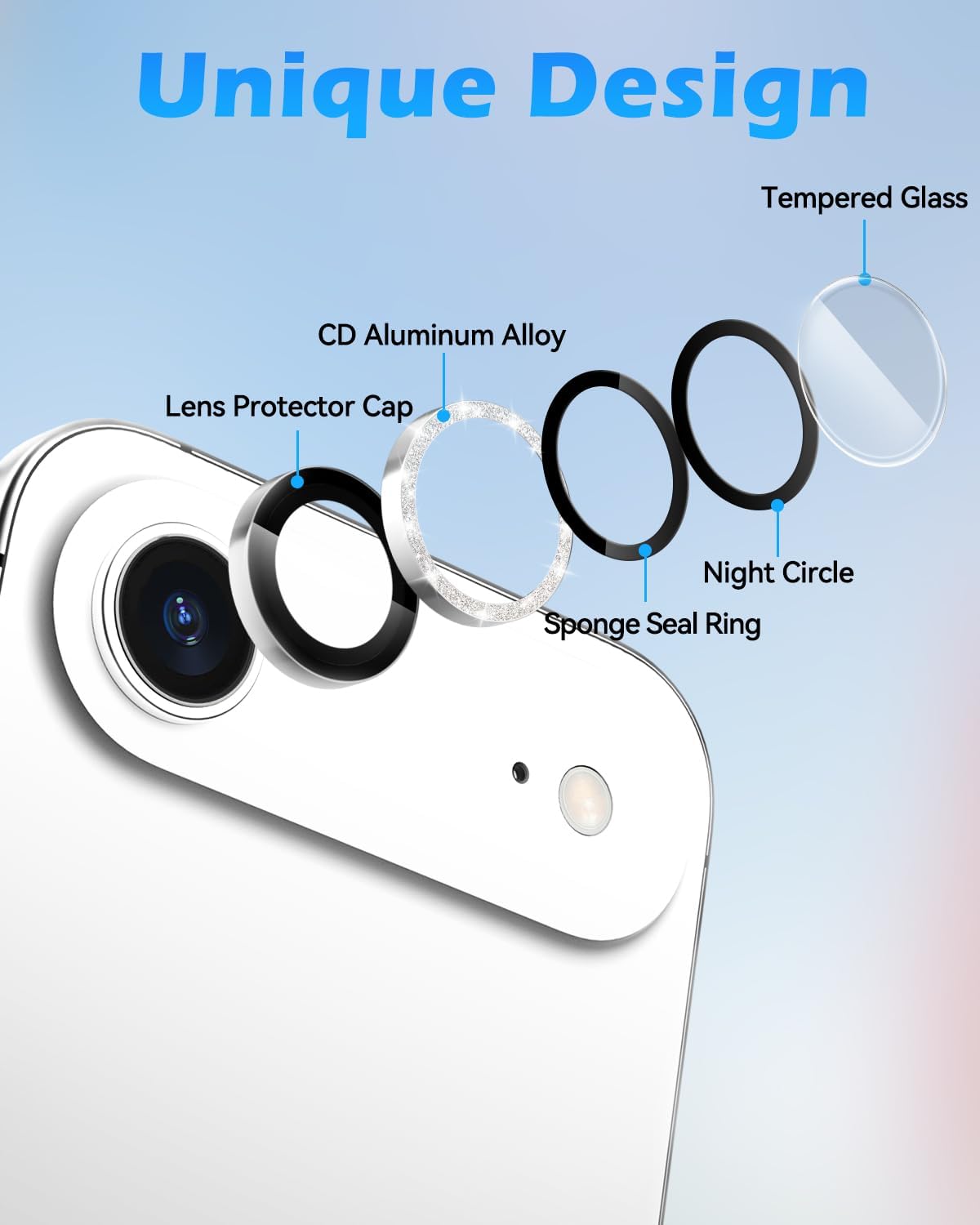 CloudValley for iPhone Air Camera Lens Protector Bling, 【Glitter Decoration】 Ultra-HD Tempered Glass Cover, Metal Lens Screen Protective Ring Accessories, Easy Installation, Glitter Silver image 2
