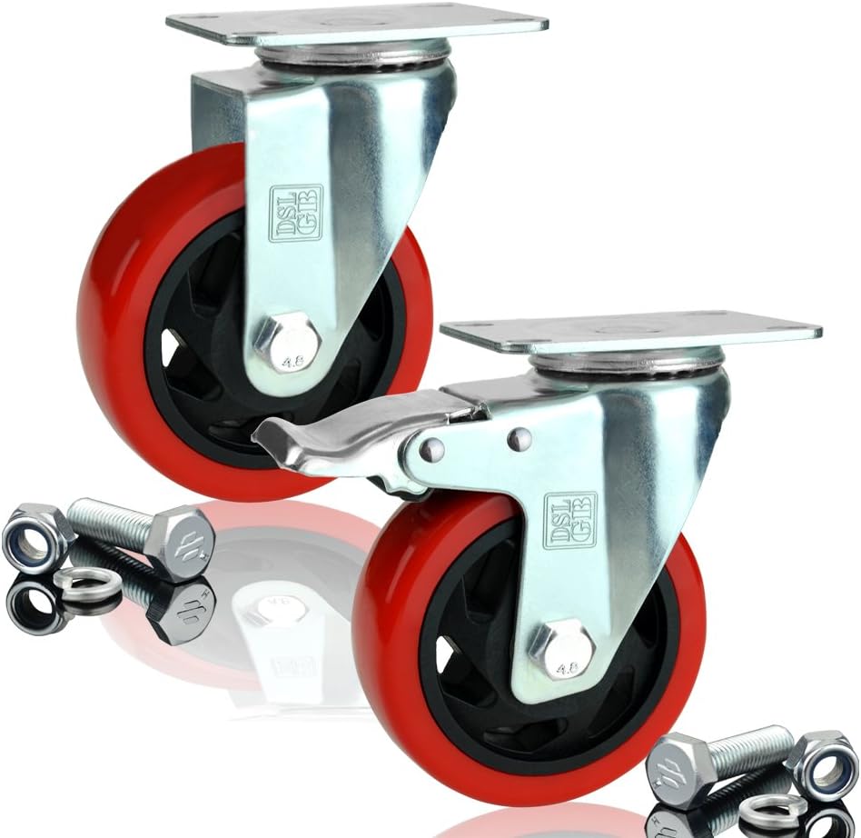 DSL 2 x Heavy Duty 1 Castor + 1 Braked Double Bearing 100mm Rubber Swivel Castor Wheel Trolley Furniture Caster 350KG Free Fitting