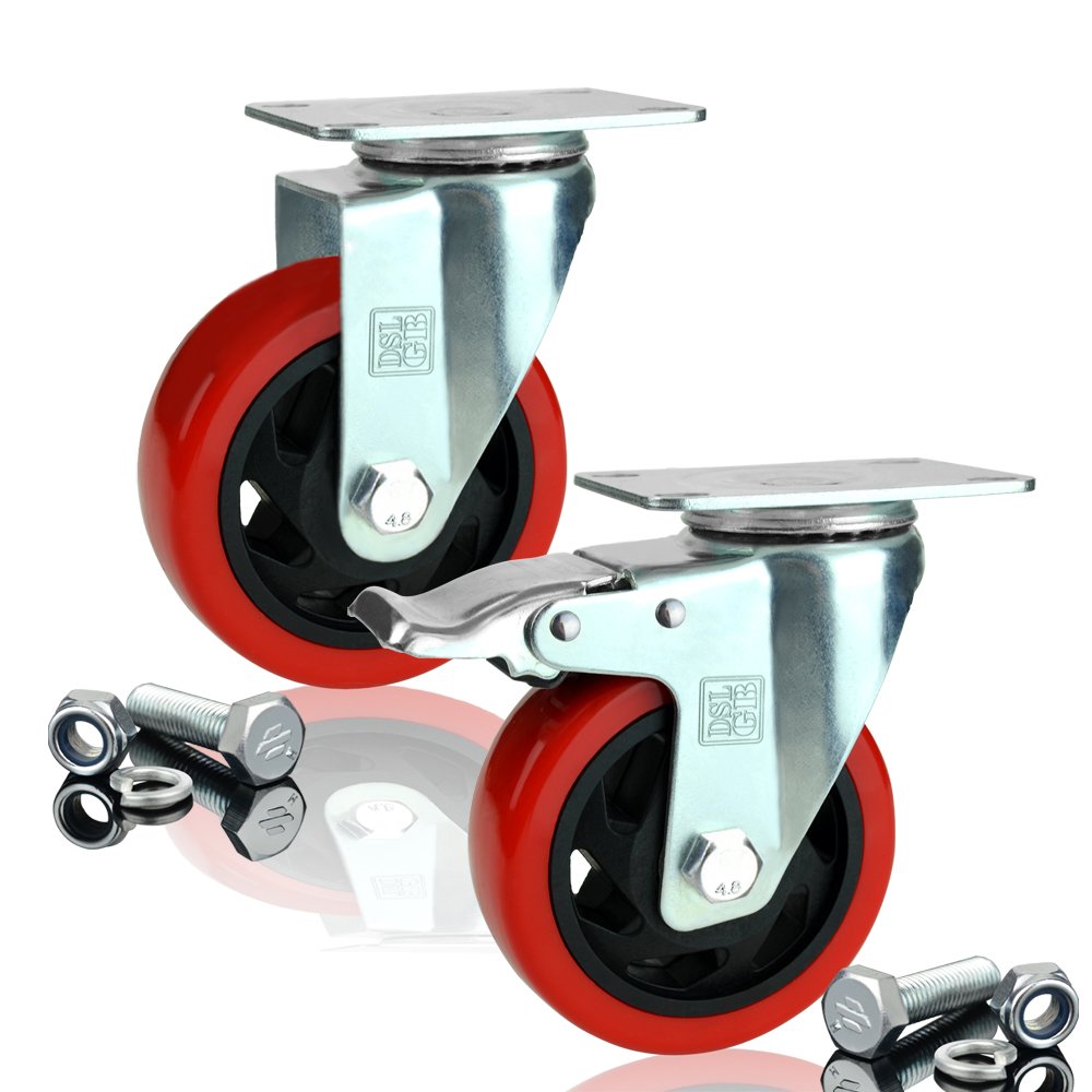 DSL 2 x Heavy Duty 1 Castor + 1 Braked Double Bearing 100mm Rubber Swivel Castor Wheel Trolley Furniture Caster 350KG Free Fitting