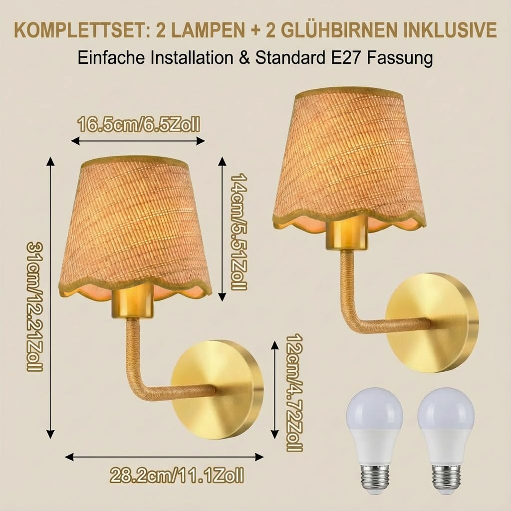 Wandlampe LED Wandleuchte Innen, 2 Stück Retro Wandbeleuchtung 3 Farbtemperaturen Gold Wandlampen Mit Rattan Lampenschirm, Wandleuchten für Badezimmer Schlafzimmer Wohnzimmer Beleuchtung Flur