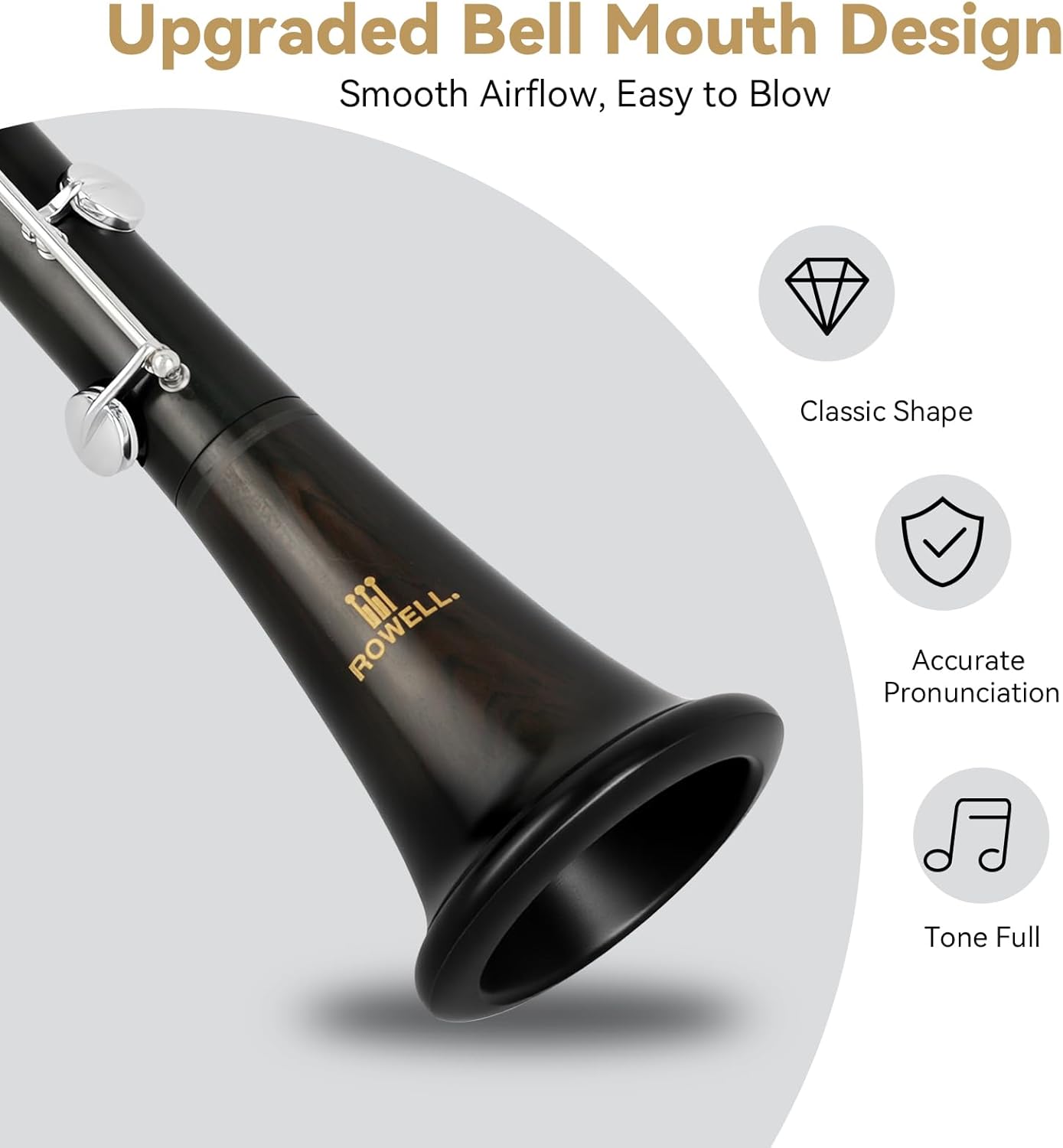 ROWELL 18 Key Bb Clarinet with Eb/Ab Lever & African Blackwood Wood Body Professional Rich Tone for Intermediate Players & Students Includes Case, Mouthpiece, Reeds