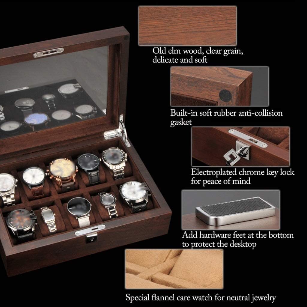 Uhrenrolle, Uhrengehäuse, Uhrenständer, Uhrenbox, Massivholz-Uhrenbox, 10 Fächer, hölzerne Schmuckschatulle mit Schlüssel und Glasplatte, Schmuckaufbewahrung, Organizer, Ausstellungsbox,
