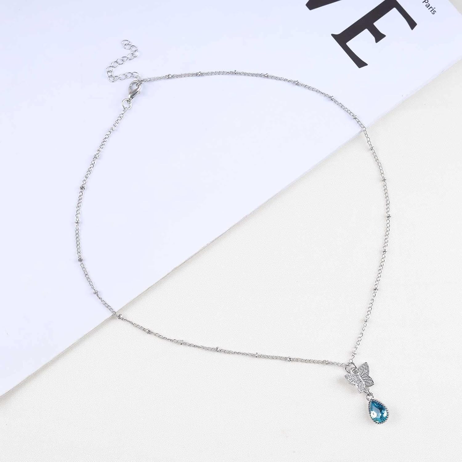 Andelaisi Boho Rhinestone Butterfly Choker Necklace Blue Sapphire Necklace Choker Silver Crystal Butterfly Pendant Necklace Sparkly Cz Butterfly Sapphire Collar Necklace for Women - Image 3