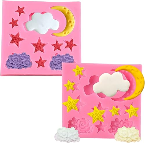 2 moldes de chocolate con luna y estrella, moldes de silicona para fondant de nube, para chocolate, dulces, galletas, hornear, pasteles, decoración