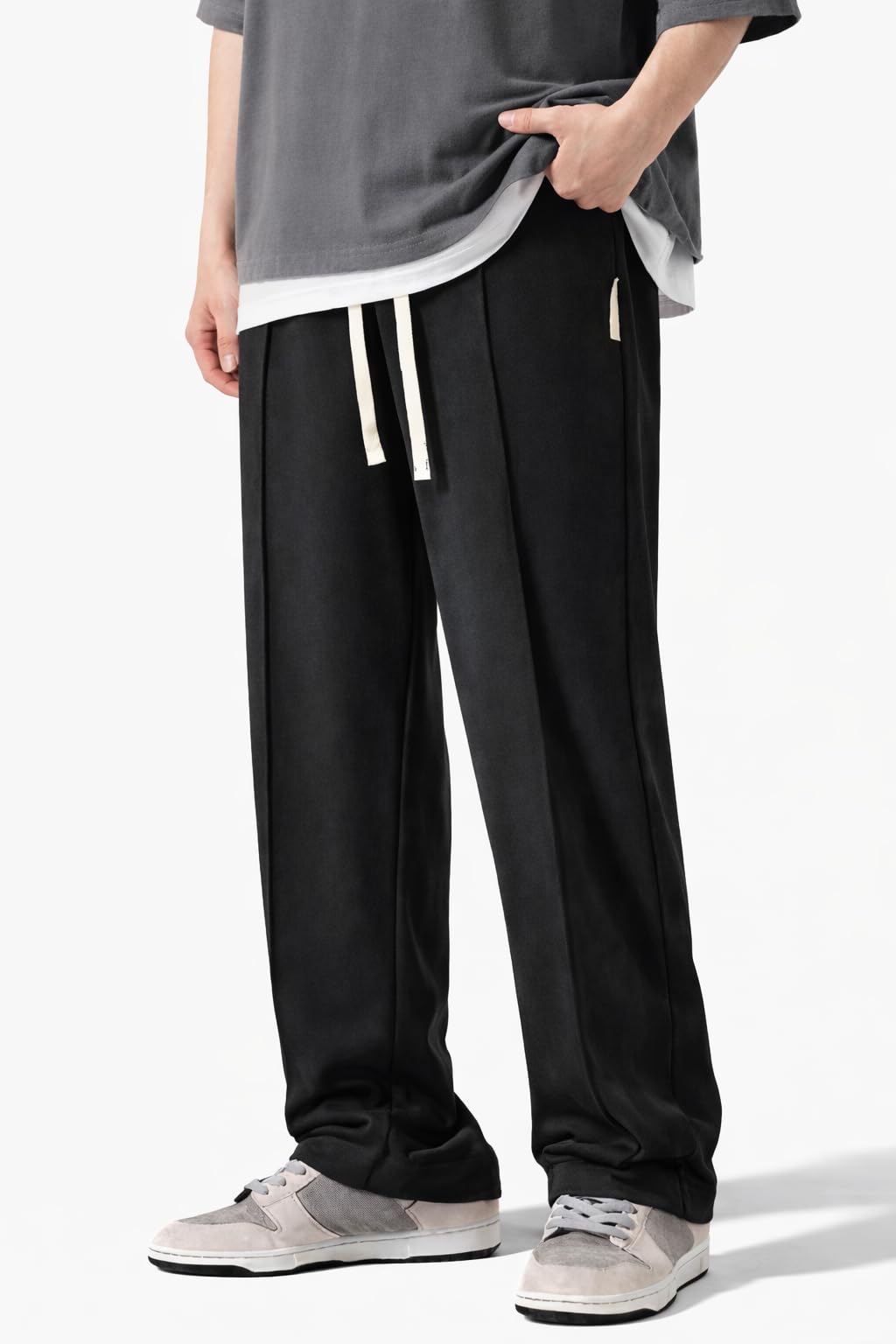 CREVIO Men Wide Leg Loose Fit Trousers with Elastic Waist & Drawstring for Men – Korean Style Relaxed Straight Casual Pants, Comfortable Lounge Travel Streetwear Bottoms-picture-18