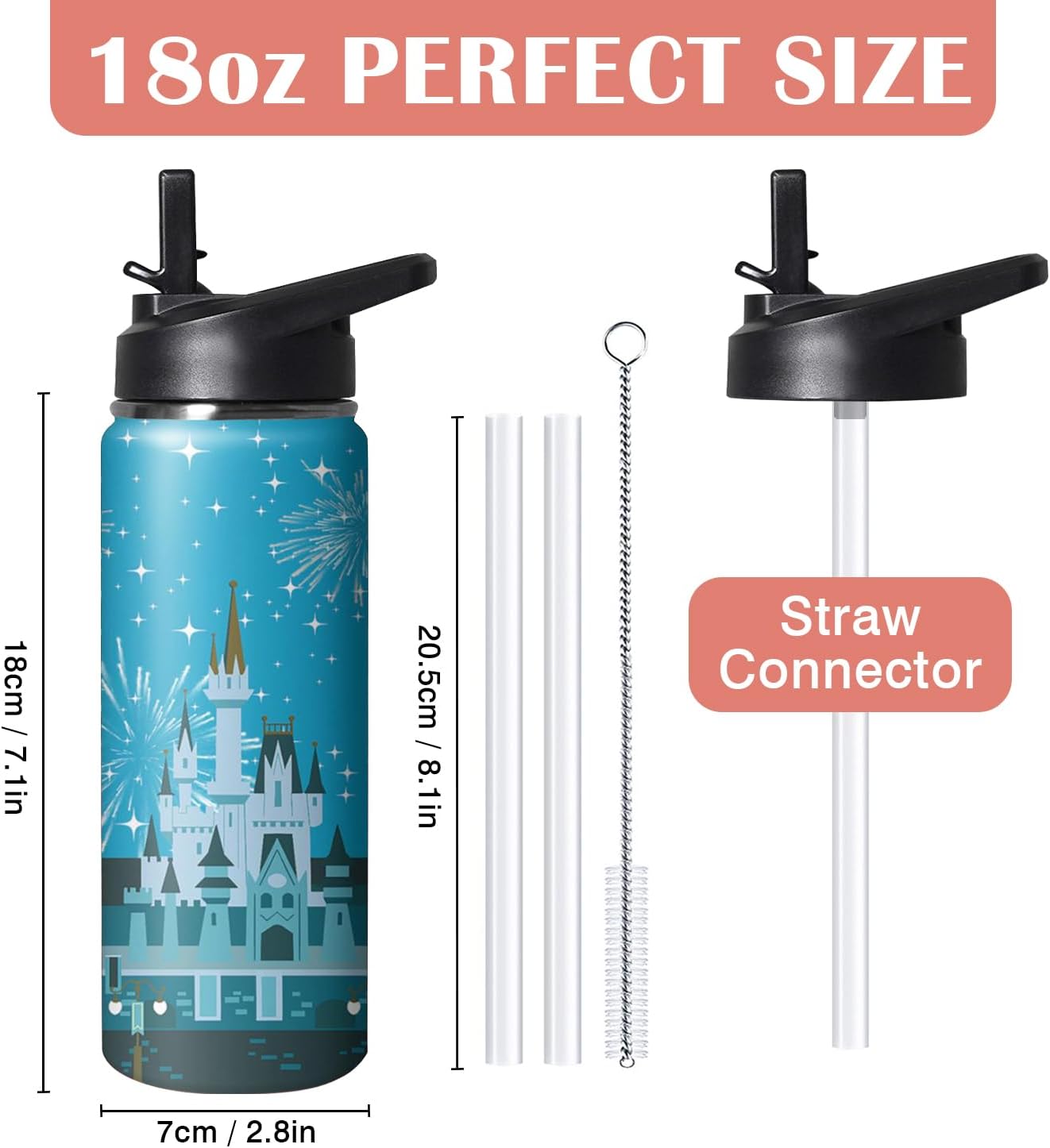 Cute Cartoon Tumbler with Top Handle and Straw Lid Gift for Boys Girls Water Bottle Travel Kettle Cup for Car Cold and Hot Stainless Steel Double Wall Insulated Mug (dream castle, 18oz)
