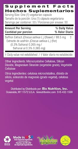 Miniatura 4 de Bio Nutrition Cápsulas veganas de azafrán estandarizadas, 50