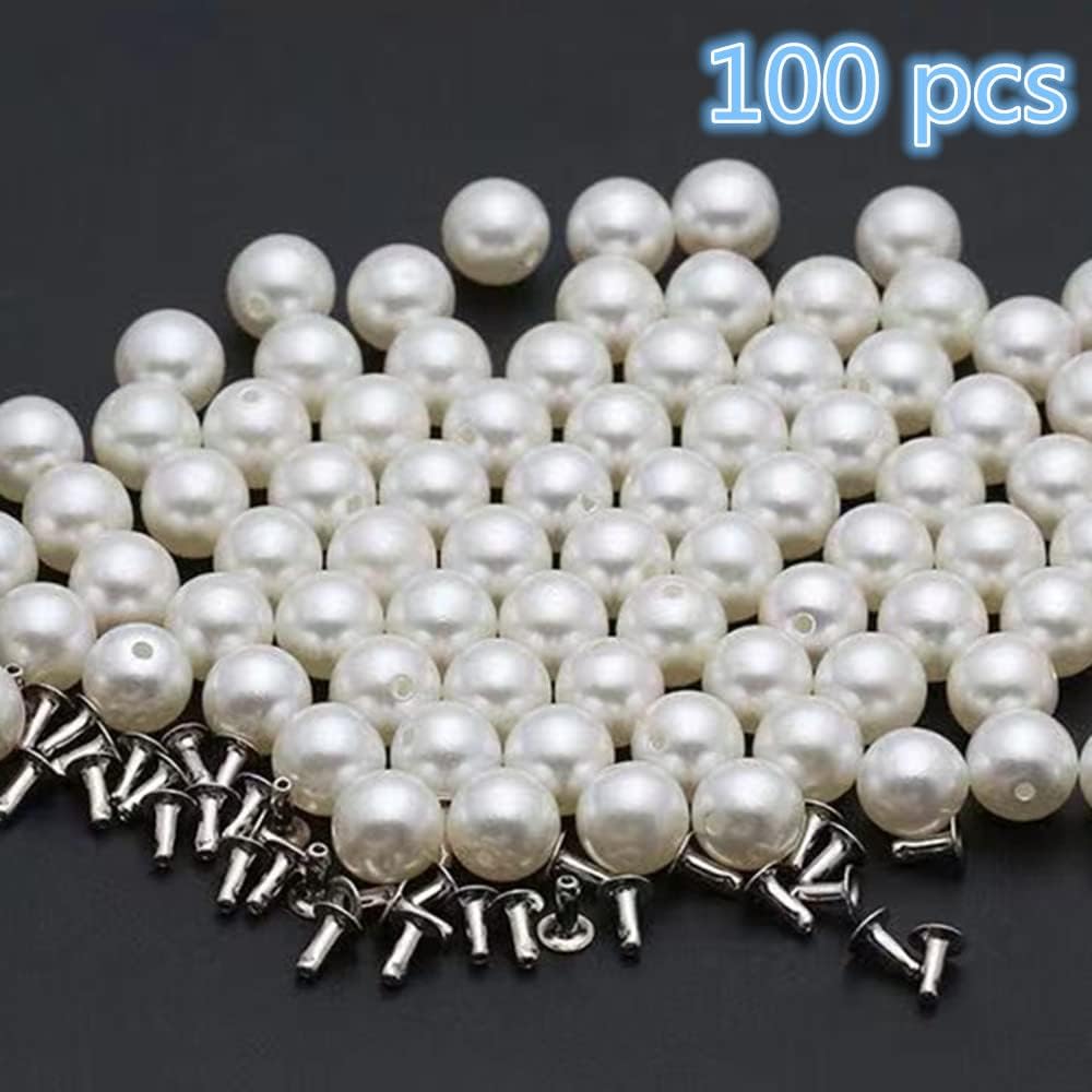 100 Set Pearl Rivet,Half Hole Faux Pearls Rivets Studs Buttons for Hat/Shoe/Clothes/Bag/Skirt/Bridal Veil DIY Accessories (6.0mm)