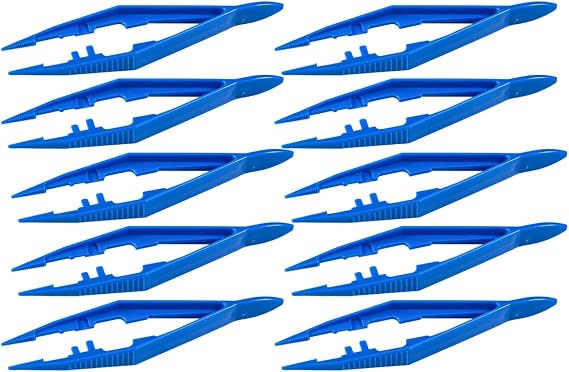 Vakly Disposable Plastic Forceps Tweezers Blue (10 Pack) Serrated Tip Pickup Tweezers with Finger Ridges & Narrow Points for First Aid, Medical, Lab, Crafts & School Science