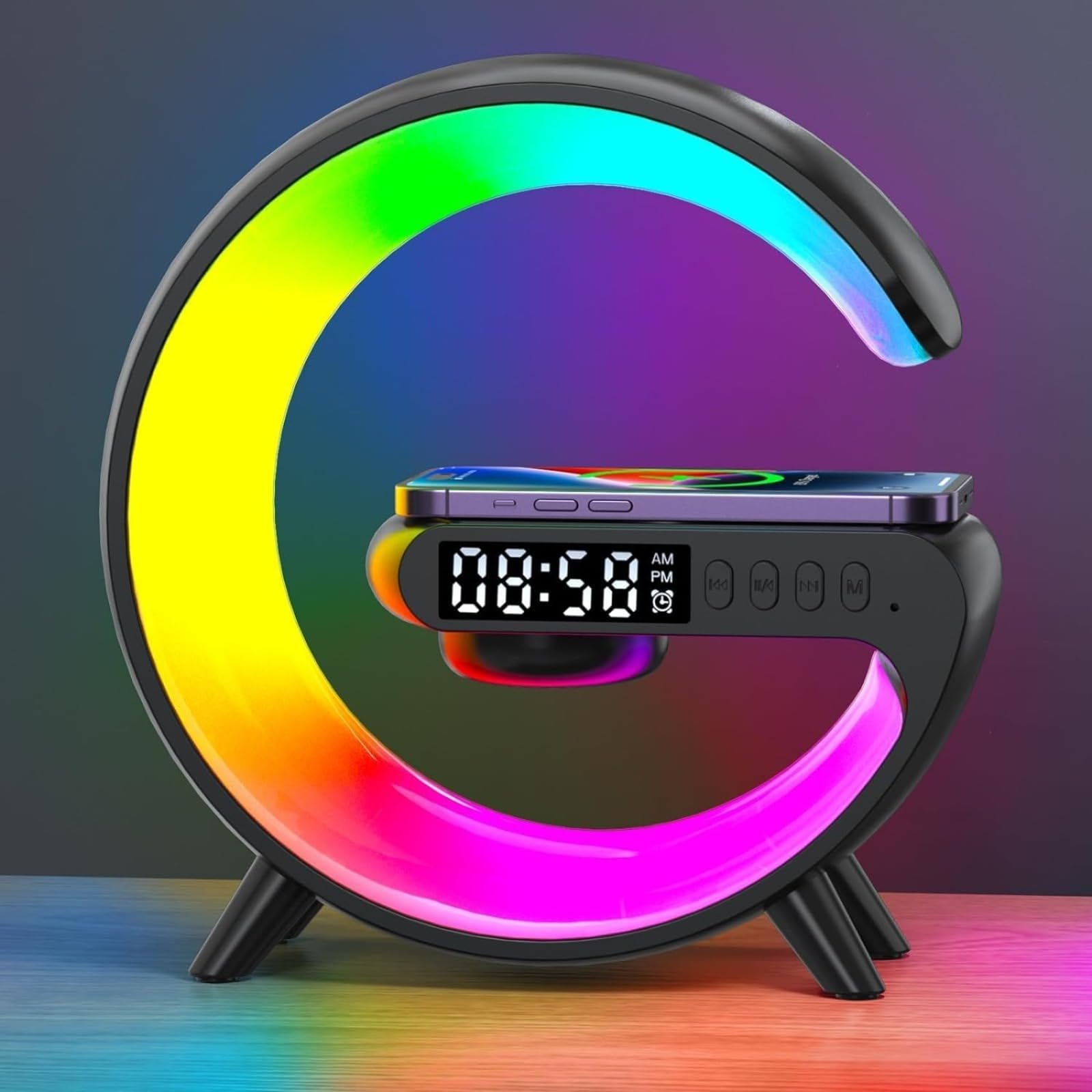 SVELNIO G Shape Table Lamp,Wireless Speaker, Atmosphere Night Light with Wireless Charging Function, Bedside Lamp with Alarm Clock & Charging Function, Bedroom Bedside Lamp, Gifts