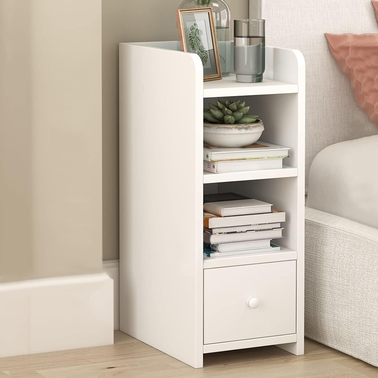 Bedroom Bedside Table with Drawer and Open Shelf Modern Wooden Crevice Storage Cabinet for Living Room Furniture,Hand Assembled Nightstand (Blue 22 * 32 * 55cm)