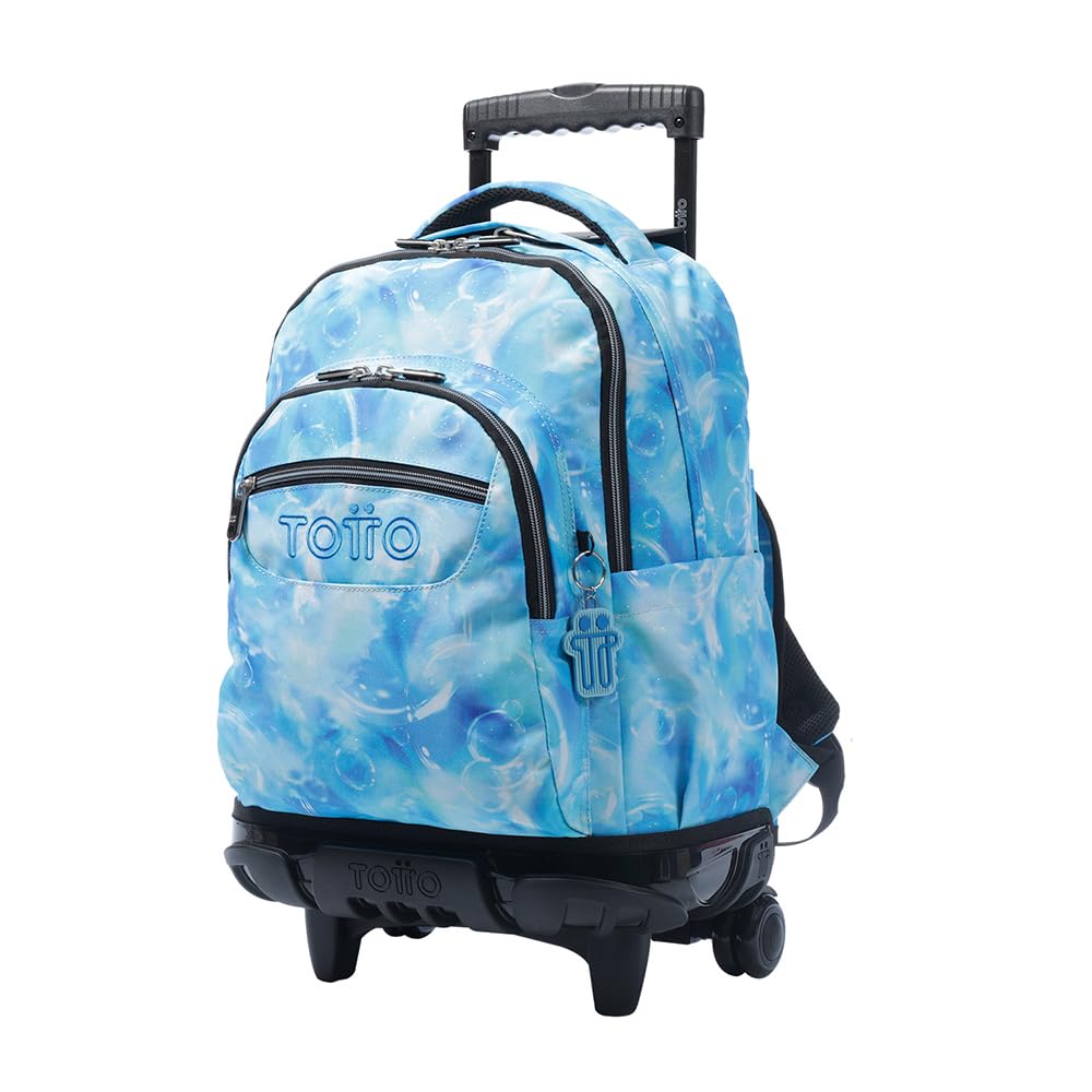 TOTTO Mochila Escolar con Ruedas, Modelo Renglones, Capacidad 26,21 Litros, Bolsillo para PC 14" y Bolsillo para Botella, Correas en S para Mayor Comodidad, Resistente, Estampado Bubul