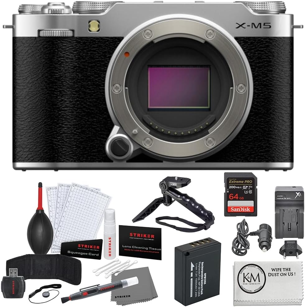 FUJIFILM X-M5 Mirrorless Camera | Silver Bundle with 64GB Memory Card + Extra Battery & Charger + Grip Tripod + Deluxe Photo Starter Kit + Cleaning Cloth (7 Items)