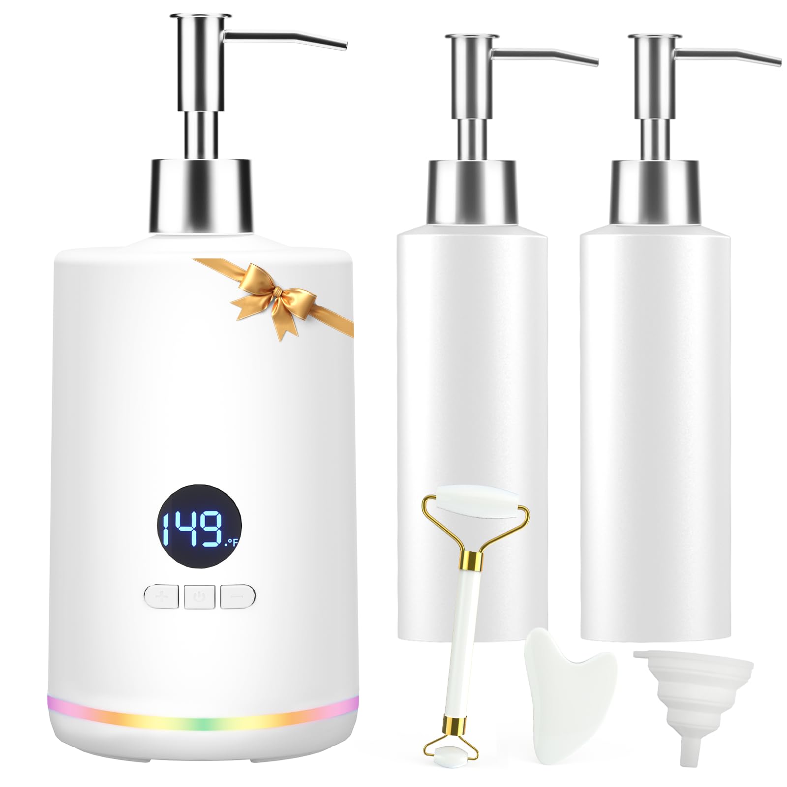 Yofuly - Scaldaolio per massaggi, dispositivo riscaldato per lozione per il corpo con set di rulli Gua Sha, riscaldatore elettrico per olio e gel con illuminazione ambientale, bianco