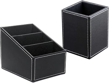 Black PU Leather Remote Controller Holder and Square Pens Pot Stationery Organizer Caddy Bundle
