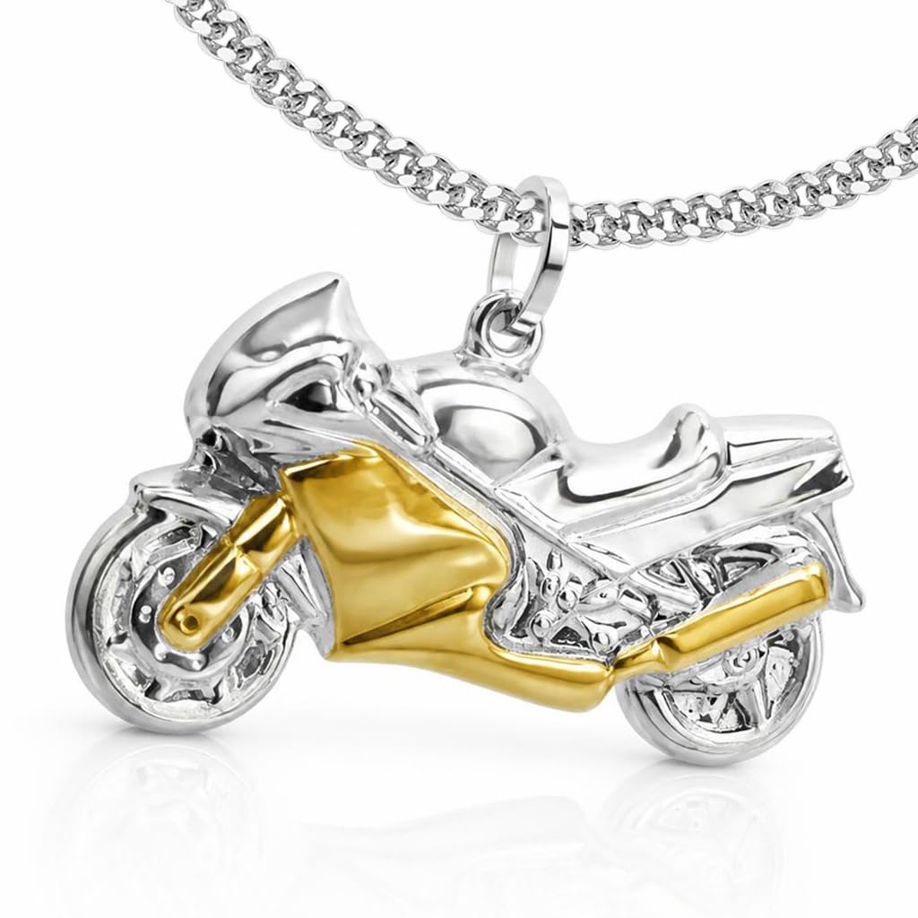 CLEVER SCHMUCK Motorrad Halskette Anhänger 3D bicolor mit Panzerkette 45 cm lang 925 Sterling Silber 925 im Luxus Etui