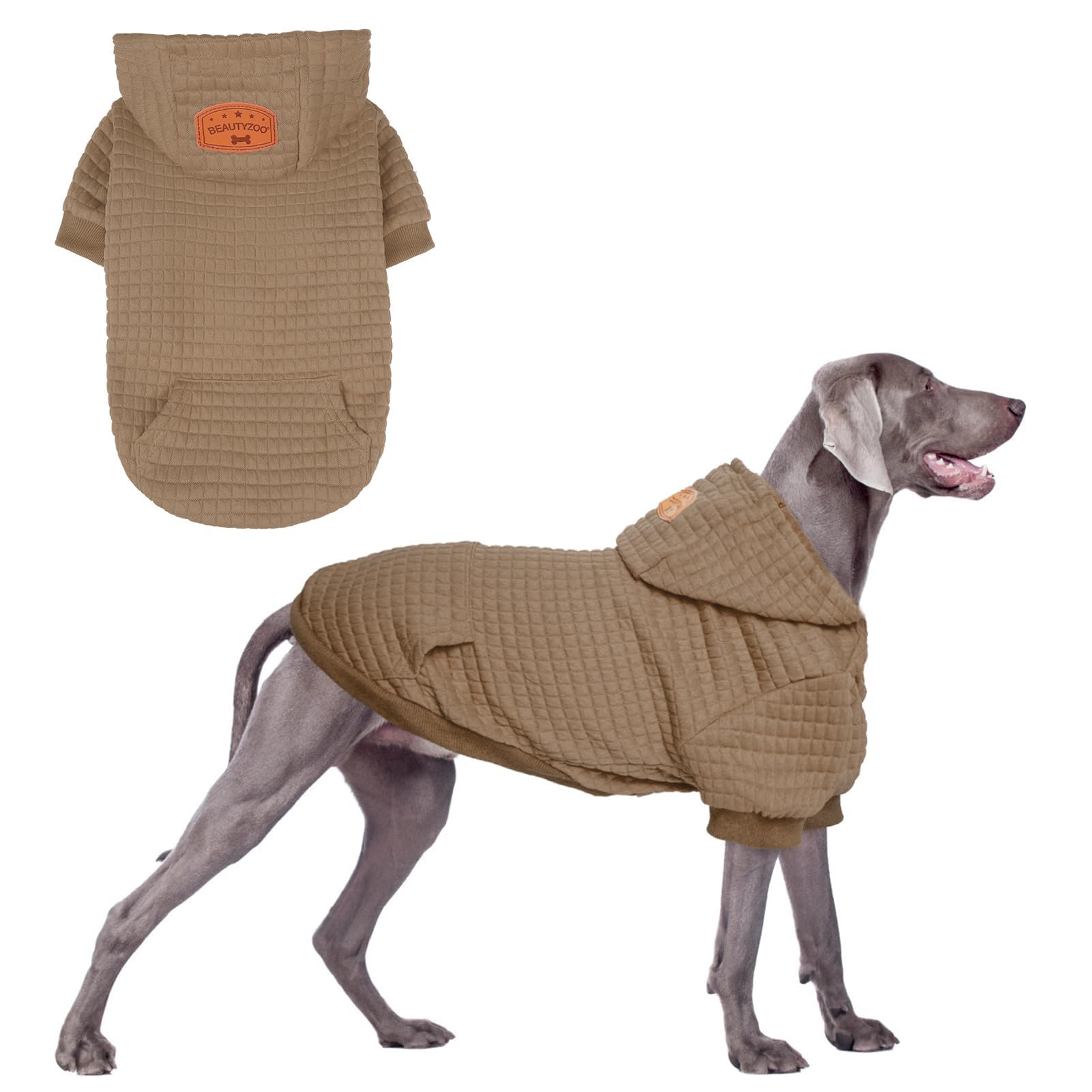 BEAUTYZOO Large Dog Hoodie Sweater with Pockets, Dog Clothes for Small Medium Dogs Boy Girl, Waffle-Like Laminated Cotton Pet Coats with Hat and Leash Hole, Khaki 2XL