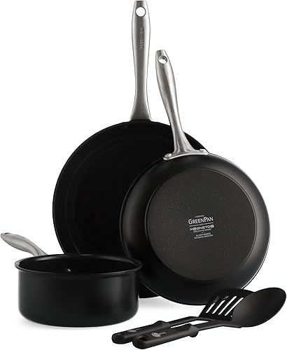 GreenPan Lima Midnight - Juego de ollas y sartenes antiadherentes de cerámica dura anodizada saludable, 5 piezas, sin PFAS, inducción, apto para